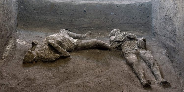 Two Male Bodies of a Master and His Slave Unearthed in Ruins from Pompeii